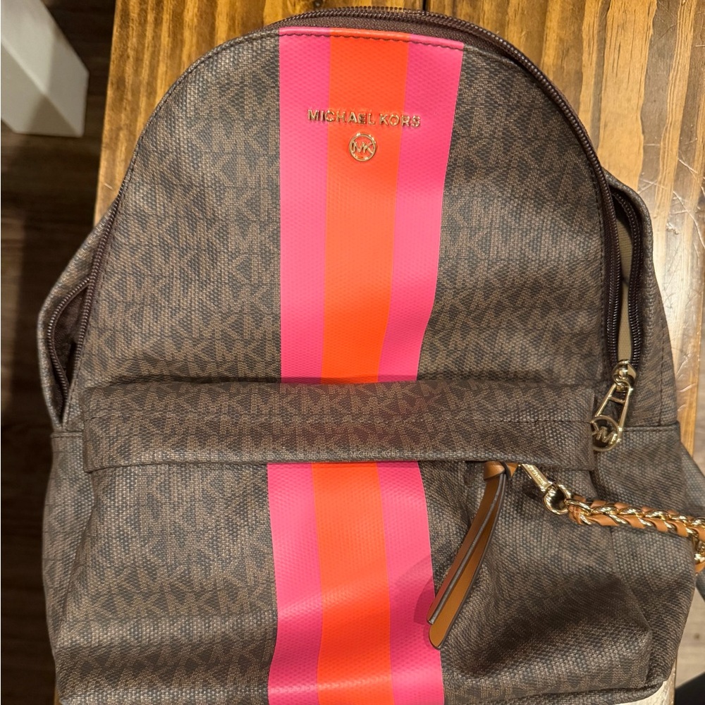 Michael Kors Brown Backpack with Pink and Orange Stripes